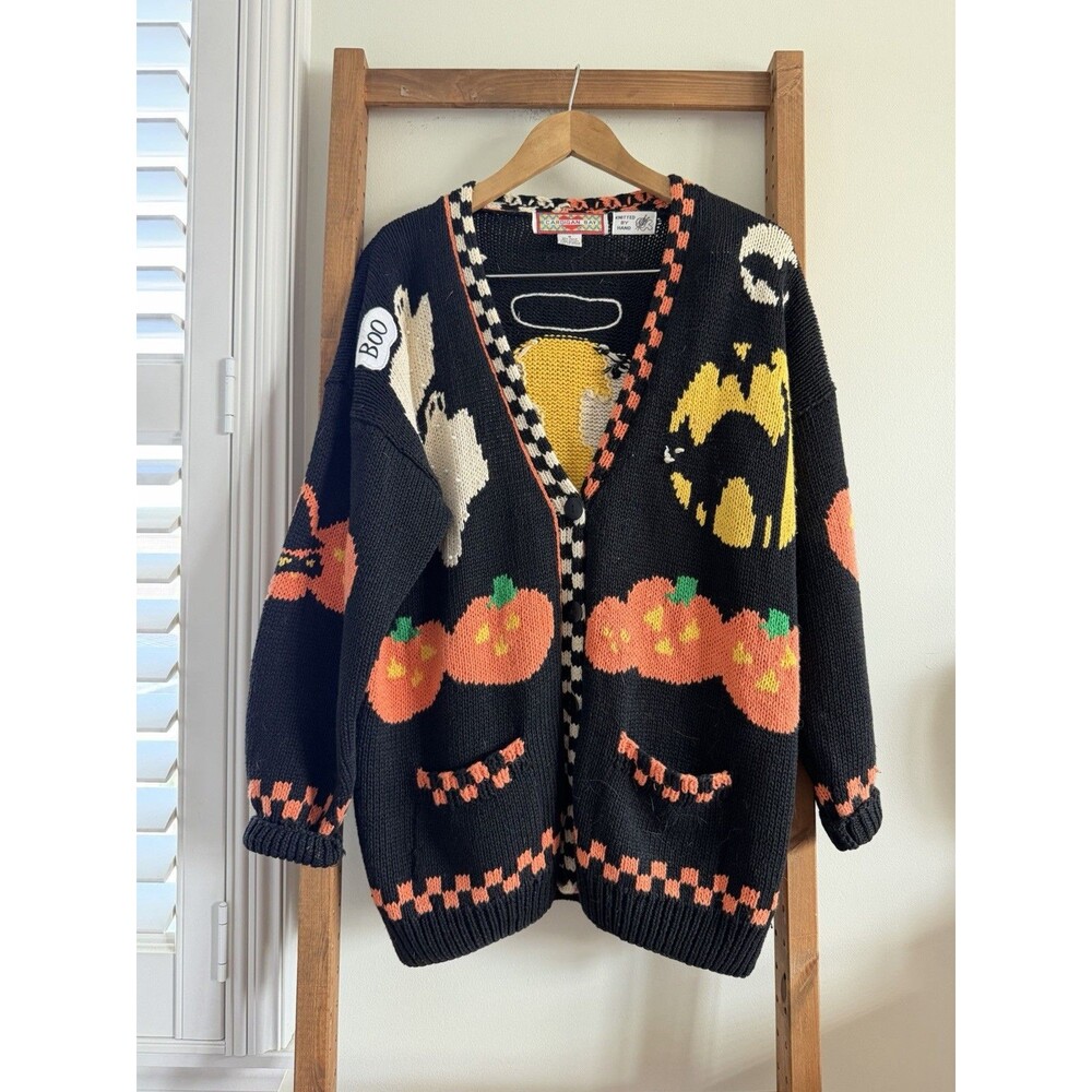 Vintage 1990's Cardigan Bay Halloween Sweater Womens M Ghost Black Cat Bedazzled